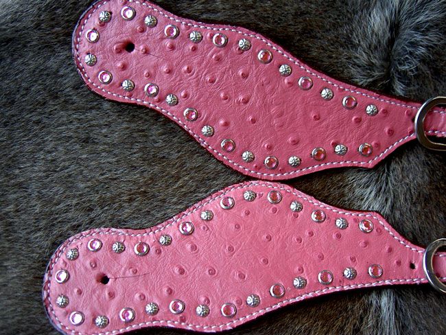 Western Leather SPUR STRAPS Ostrich Pink Bling TACK  