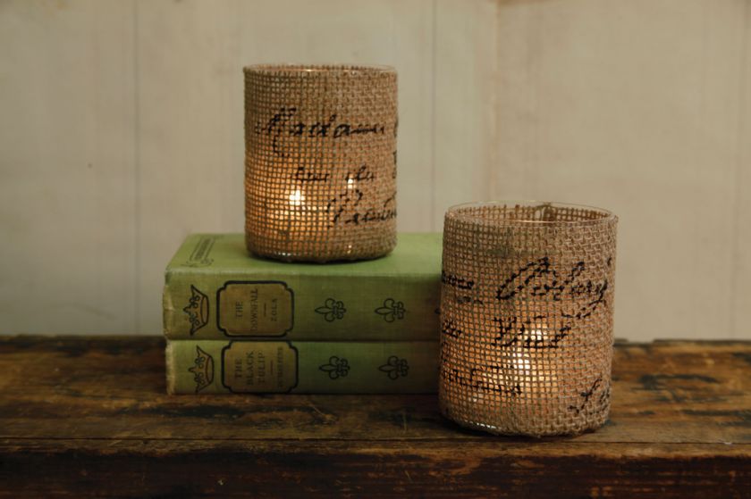 Set/2 Burlap Votive Candleholders French Script Wedding  