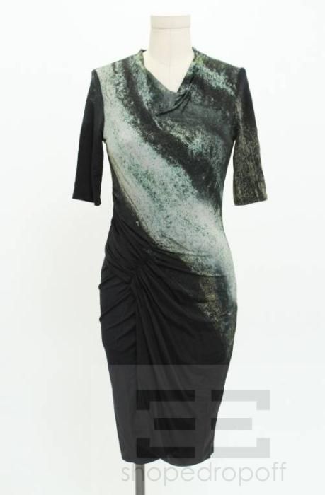 Helmut Lang Black & Green Draped Half Sleeve Print Dress Size Small 