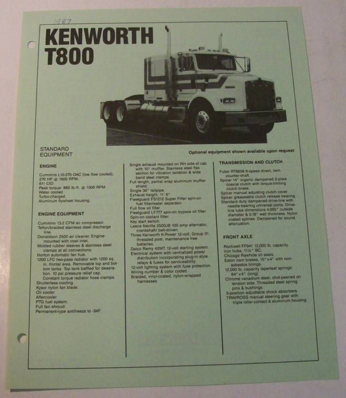 Kenworth 1987 T800 Truck Sales Brochure  