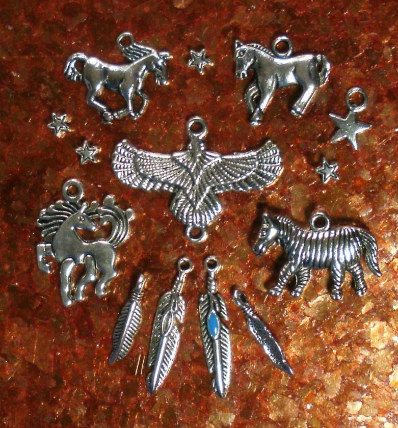 Cowboy Western Silver Charms Horse, Zebra, Eagle, Saddle + Stars  3 