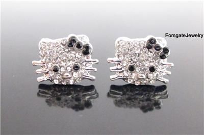 HELLO KITTY * Crystal Stud Earrings W/ BLACK BOW_72B  