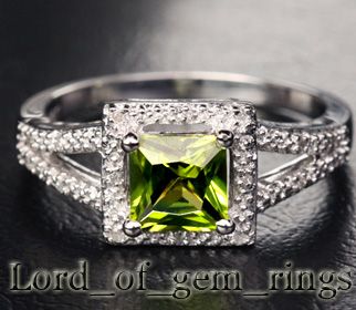 04ct Princess Cut Peridot 14K White Gold Pave Diamond Halo 