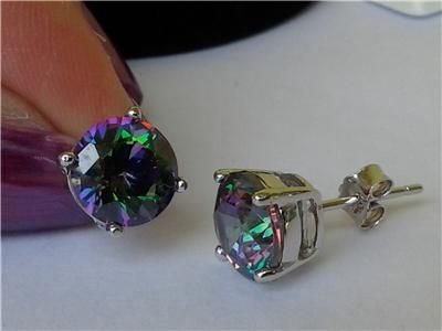   925 Unisex Round Cut 7mm Rainbow Mystic Topaz Stud Earrings  