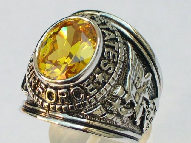 YELLOW NOVEMBER BIRTHSTONE RHODIUM US MILITARY AIR FORCE MENS RING 