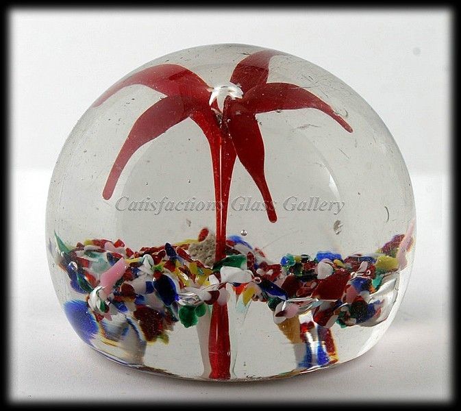 Vintage 1930s Frit & Flower Art Glass Paperweight Hand Blown  