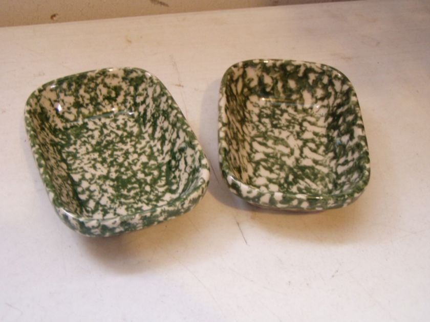 Henn Pottery 2 GREEN SPONGEWARE SOLID TREAT DISHES  