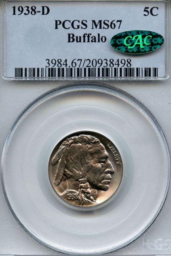 1938 D Buffalo Nickel PCGS MS67 CAC, Superb Toning  