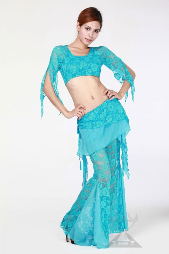 Yoga Belly Dance Costume Lace 3Pcs Set Top + Hip Skirt + Pants Dp1412 