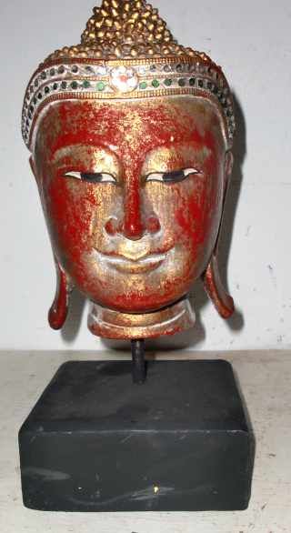 RED GOLD LARGE WOODEN CAMBODIAN BUDDHA HEAD & STAND  