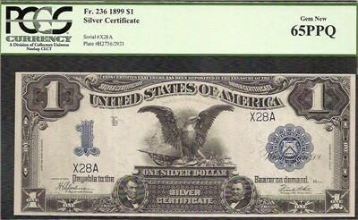 1899 $1 SILVER CERT FR 236 PCGS@65 BLACK EAGLE S/N 28  