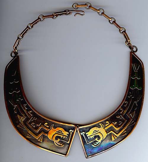 MAYA MEXICO VINTAGE COPPER BRASS RAISED DRAGON COLLAR NECKLACE  