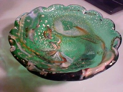 MURANO ART GLASS BOWL GREEN & GOLD SILVER FLAKES NR  
