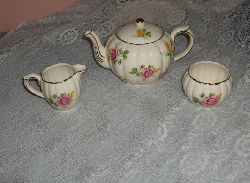   Vintage 4 Pc Gibson Staffordshire England Tea Set Pink Yellow Roses