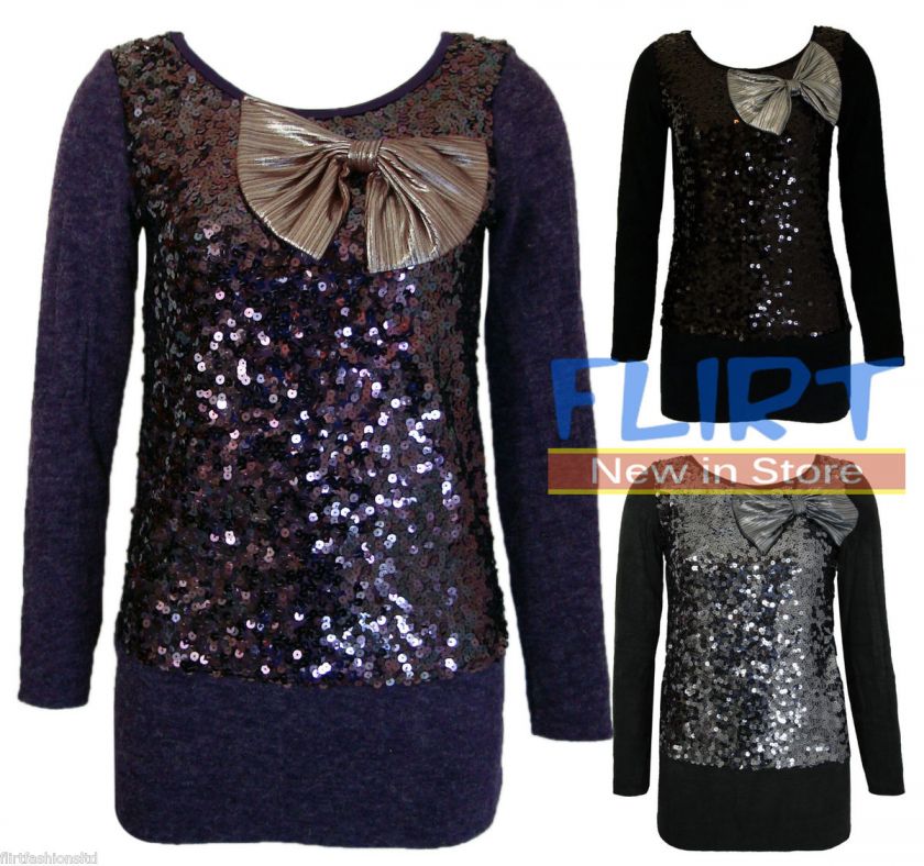 Womans Knitted Sequin Dress Ladies Bow Baggy Top Warm Tunic Long 