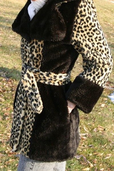 Vtg 70s FAUX LEOPARD FUR COLORBLOCK JACKET S M Belted Big Collar Mod 