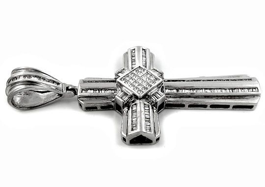 MENS 4.08CT PRINCESS CUT DIAMOND CROSS PENDANT 14K WG  