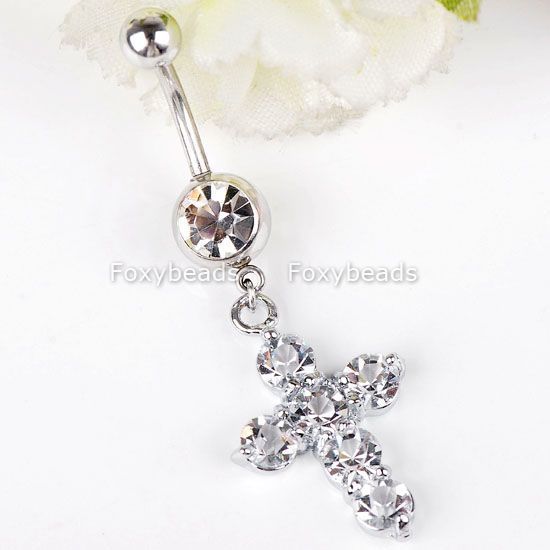 CLEAR Crystal CROSS Dangle Navel Ring Body Piercing 1*  