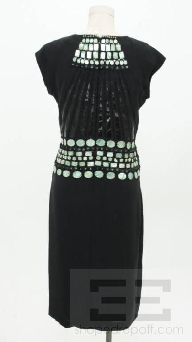 Tory Burch Black Silk Beaded Green Shell Trim Shawna Dress Size 8 NEW 