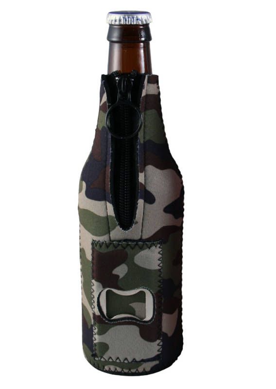 Camo Neoprene Bottle Cooler with Bottle Opener  