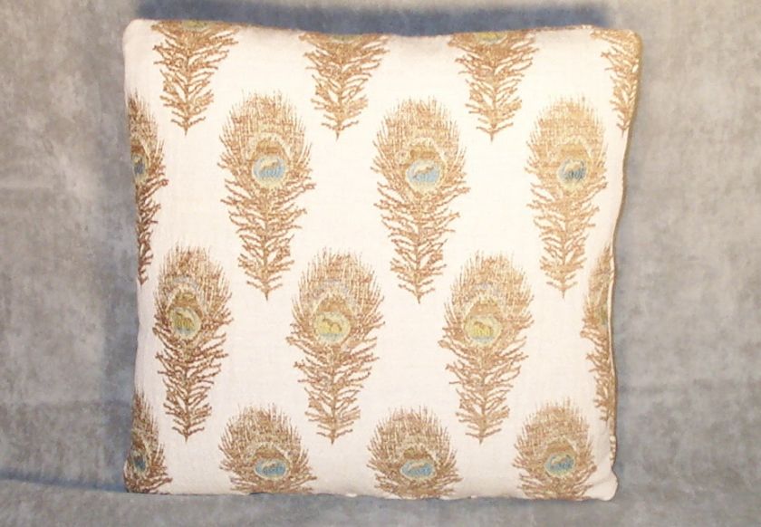 Peacock Feather Brocade Pillow in Beige  