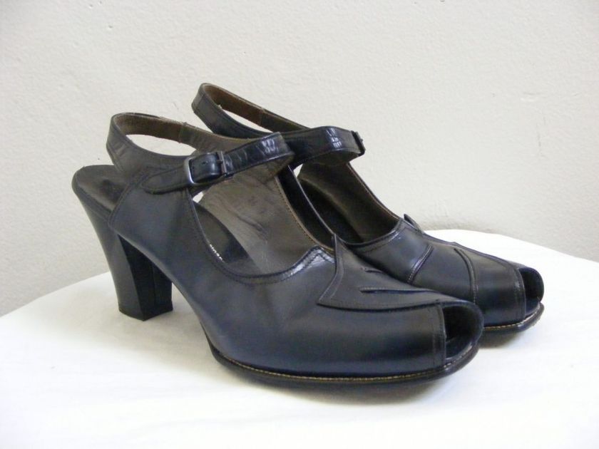 NOS Vtg 1940s Navy Blue Leather Peep Toe SWING Heels CUBAN 3 Heel 6 6 