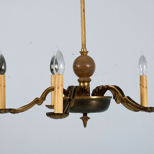 Antique Danish Five Light Brass Chandelier Circa 1920  