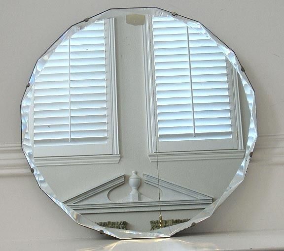 Antique Art Deco Deep Diamond Beveled 12 Sided Round Mirror  