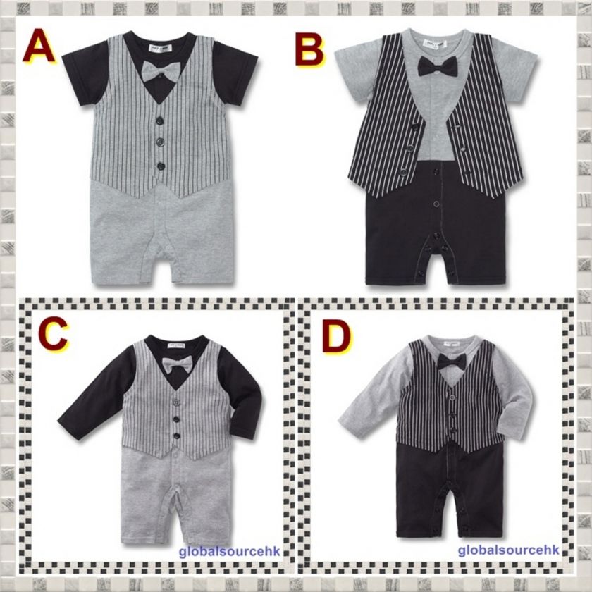 Baby Boy Wedding Party Tuxedo Suit Bowtie Romper Onesie Bodysuit Black 