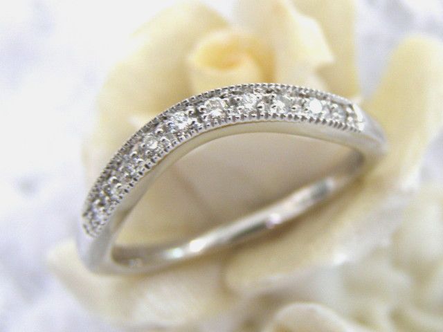   14KT WHITE GOLD CURVED MILGRAIN DIAMOND WEDDING BAND DECO RING  