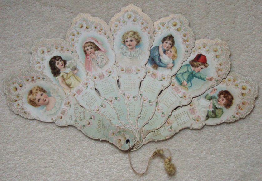 1900 CHILDRENS WEEK CALENDAR FAN 7 BLADES NEAR MINT  