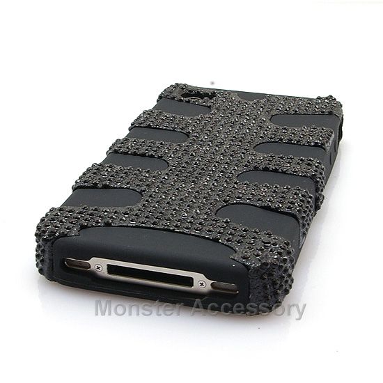 Black Bling Fishbone Dual Flex Hard Case Gel Cover For Apple iPhone 4 