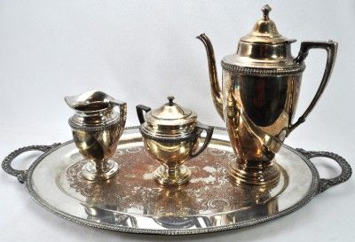 Crescent Silverplate 4pc Coffee Set Creamer Sugar Tray  