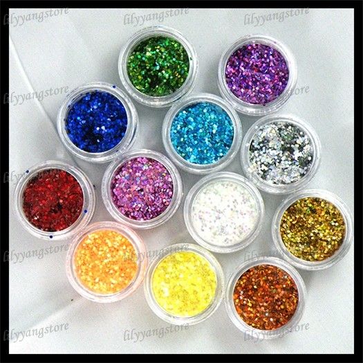 12 colors nail Art Decoration Design 3D UV Gel Hexagon Shiny Glitter 