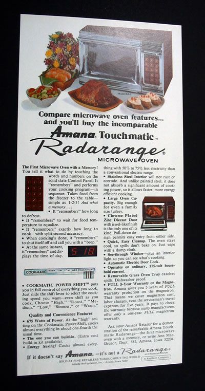 Amana Touchmatic Radar Range microwave 1976 print Ad  