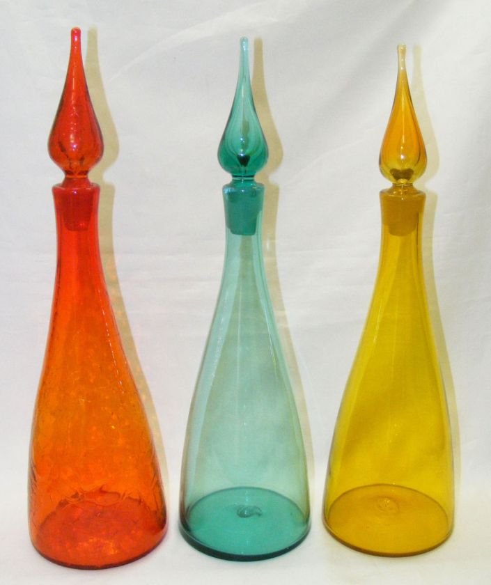 Blenko Three Decanters Amberina, Teal, Jonquil   Mid Century Modern 