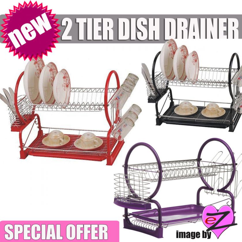 Tier Dish Drainer in Red Black or Purple Cutlery Caddy and Drip Tray 
