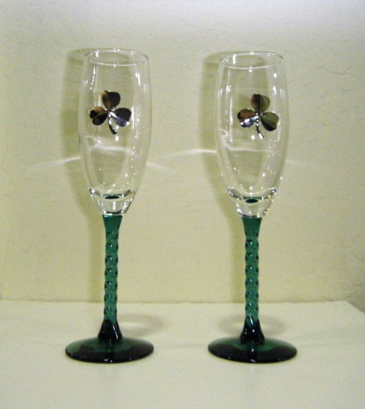 SILVER SHAMROCK GREEN STEM TOASTING FLUTES. 6OZ. NEW  