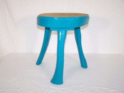 VINTAGE RETRO FRENCH SKI CHALET ARCS era TRIPOD WOOD STOOL BLUE 70s 