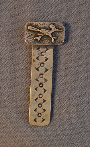 OLD HOPI SILVER BOOKMARK   RUNNING ROADRUNNER   HARRY SAKYESVA  