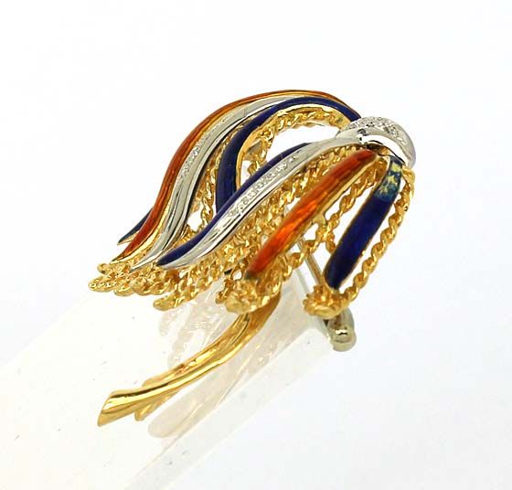 EXQUISITE 2 T 18K GOLD, DIAMONDS & ENAMEL PIN BROOCH  