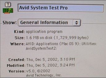   with Avid System Test PRO 5 under the MAC OS 9.2.2 Operating System