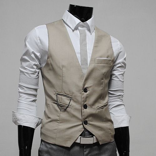 SVE) Mens slim sit chain point 3 button vest BEIGE  