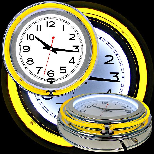 Vintage Neon Light Yellow Chrome Round Bar Wall Clock  