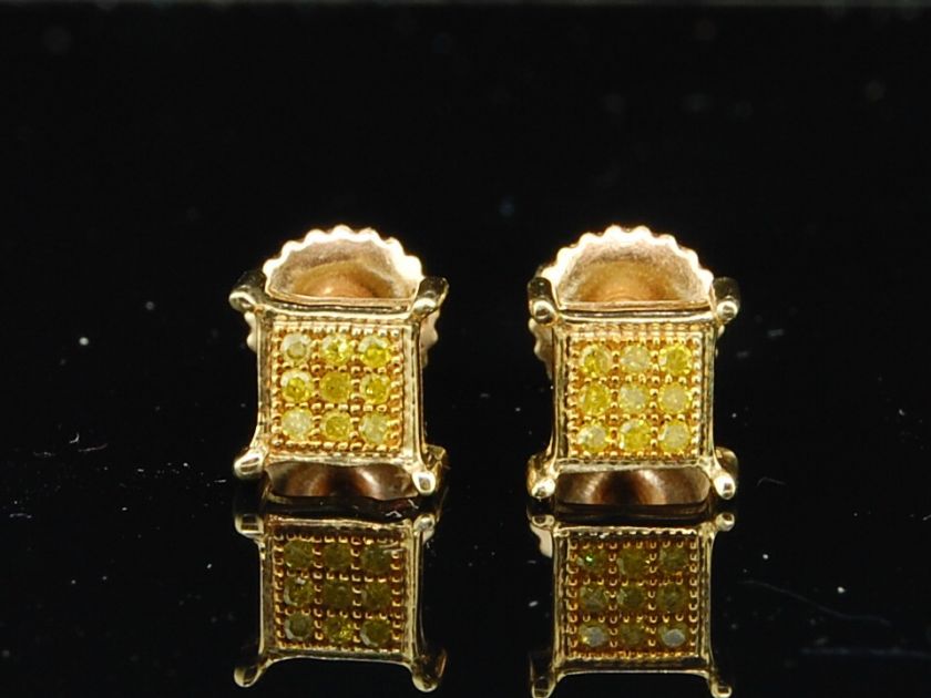   YELLOW GOLD YELLOW DIAMOND PAVE STUDS EARRINGS 4 PRONG SQUARES  