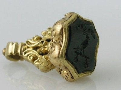   VICTORIAN 14k Gold Pocket Watch Wax Seal FOB Stamp BIRD BLOODSTONE