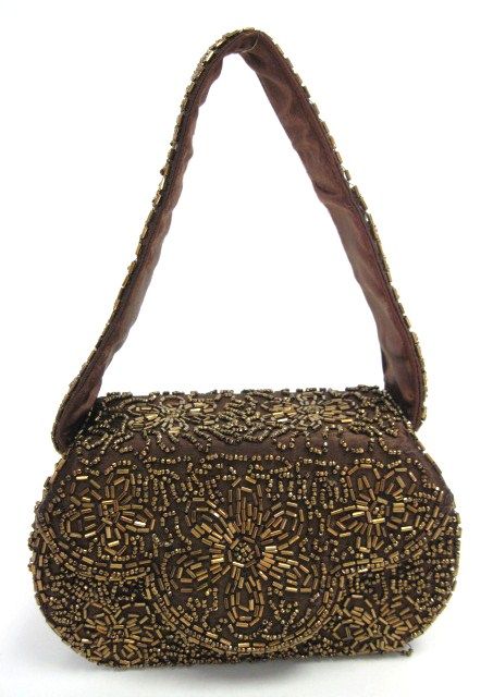 DESIGNER Brown Satin Beaded Evening Bag Handbag  