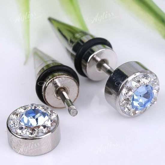 Blue CZ Rhinestone Stainless Steel Ear Stud Mens Earring 1Piece 