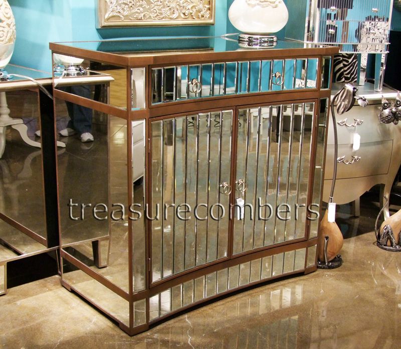 Curved Front Mirrored Cabinet Storage Server Chest Sideboard Glam 