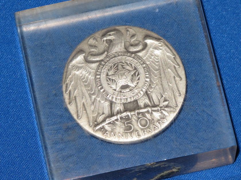   AMERICAN LEGION 50TH ANNIVERSARY SILVER MEDAL IN LUCITE CUBE B6431